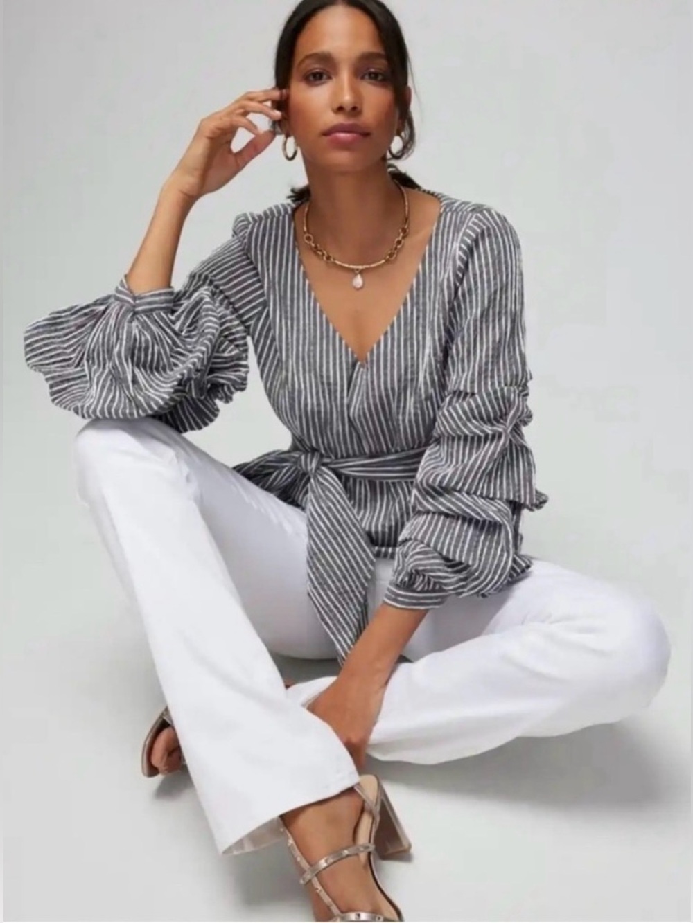 WHBM Seersucker Ruffle Statement Sleeve Blouse White House Black Market Size 4 - Picture 2 of 10